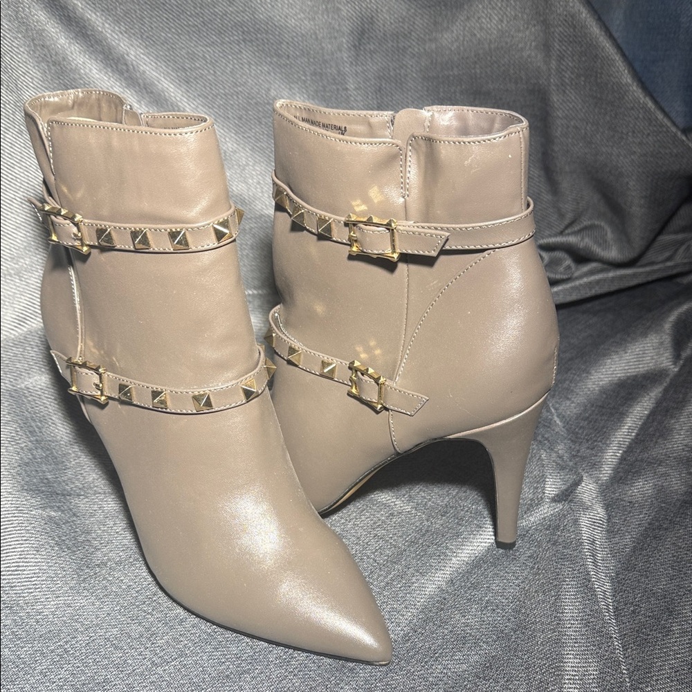 Charles Jourdan Taupe Heeled Boots with Gold Studs